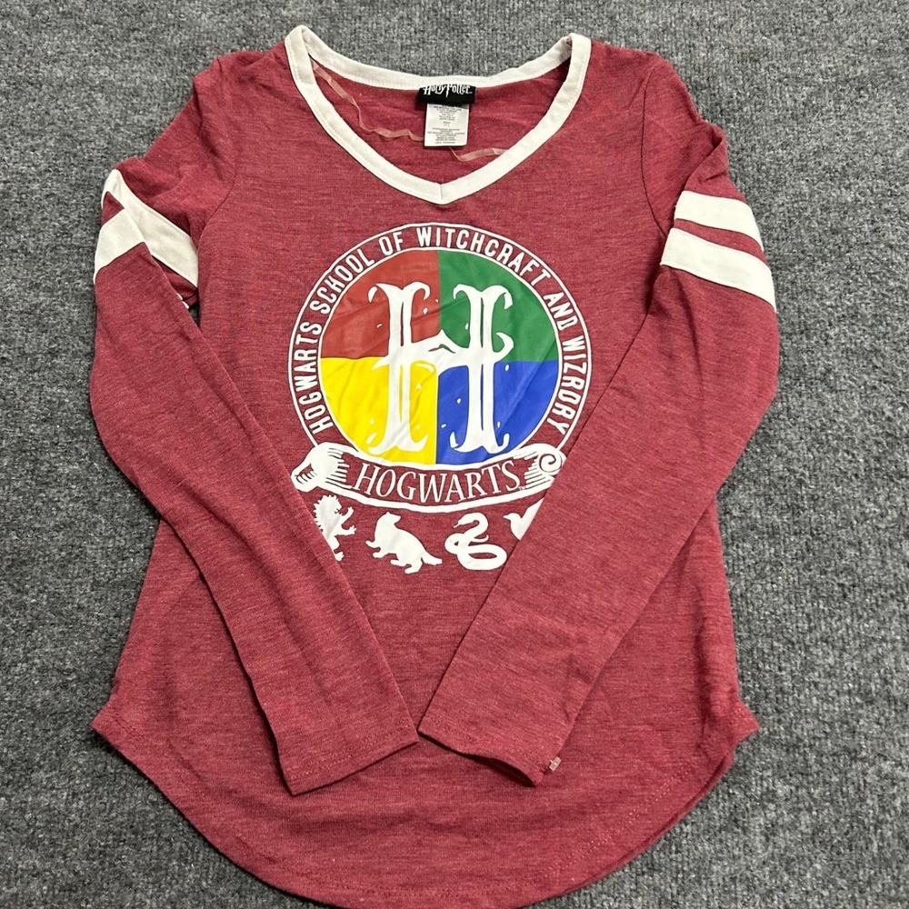 Harry Potter Shirt Womens Size XS Burgundy Hogwarts Varsity Long Sleeve V-Neck